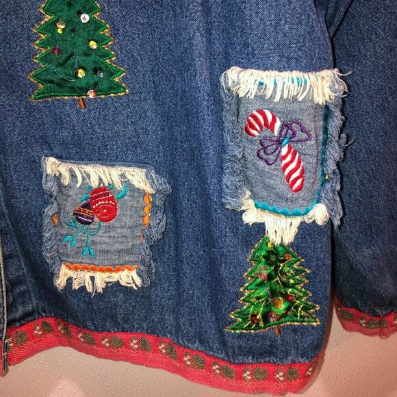 Vintage New Direction Womens Large Blue Button Up Christmas Holiday Denim Jacket - Picture 6 of 10